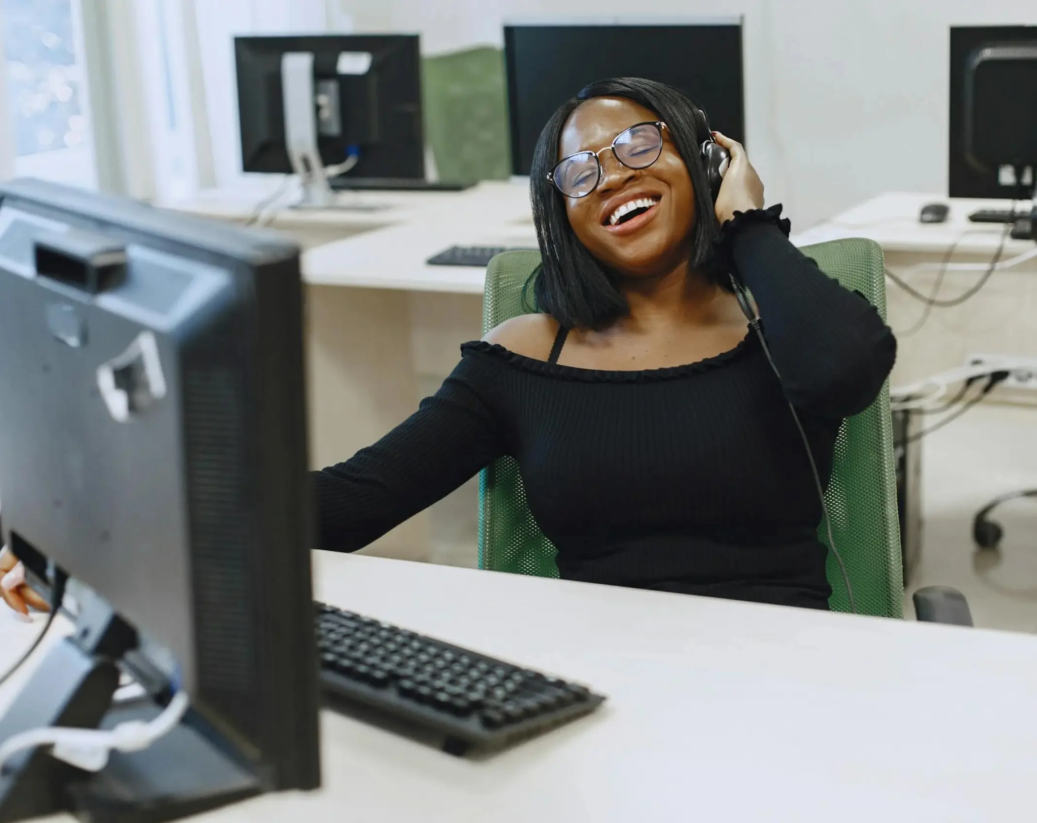A woman enjoying music in her system